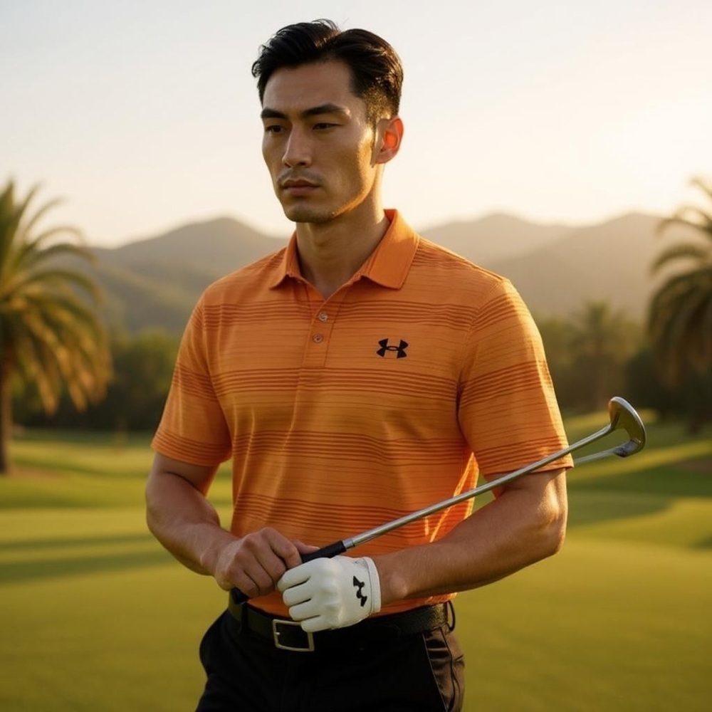 Under Armour Playoff Polo Shirt Mens Stretch Performance Orange Striped Sz Lg